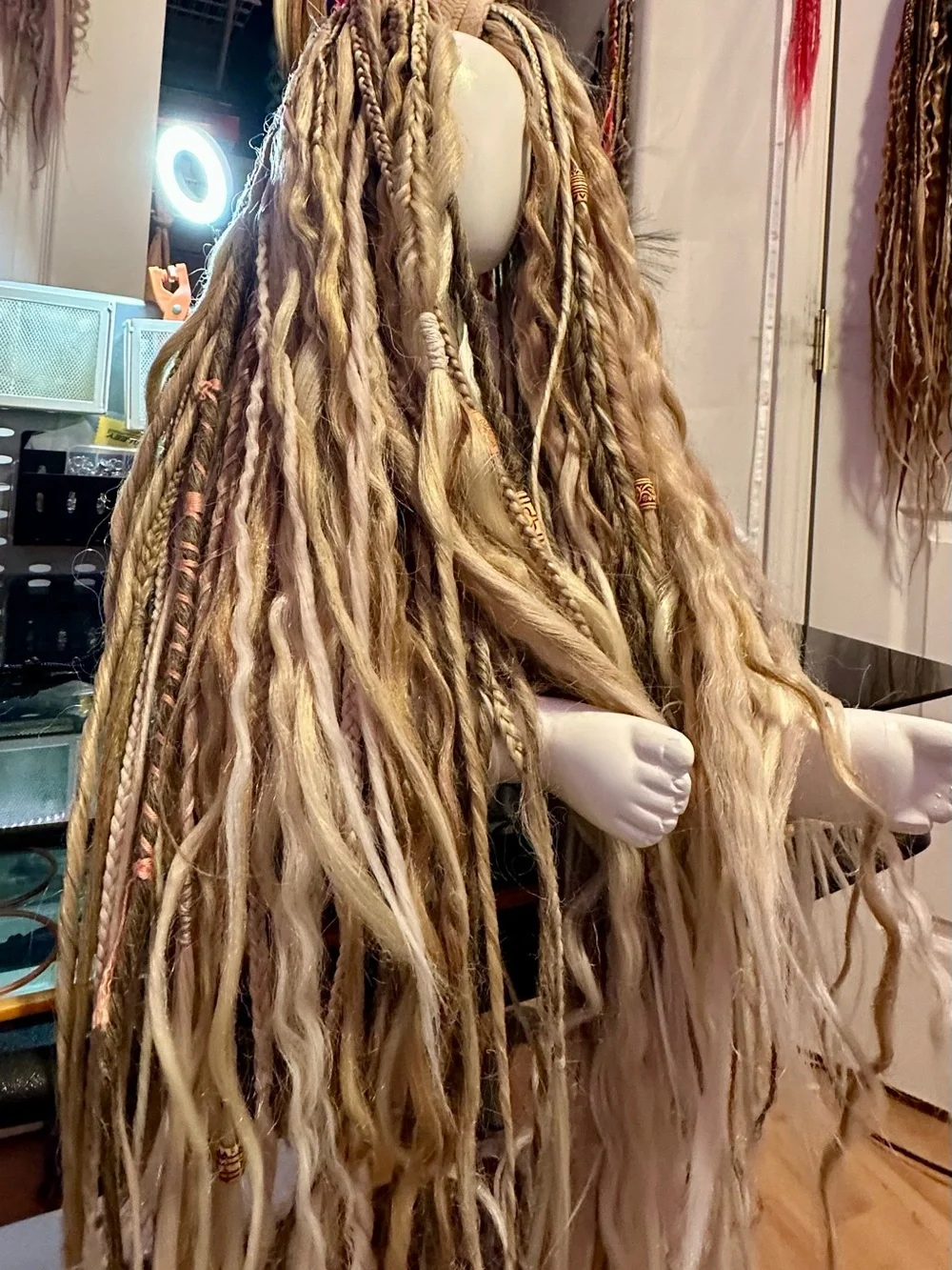 Boho Blonde Synthetic Dreadlock Hairpiece with Beads & Feathers - Picture 5 of 17